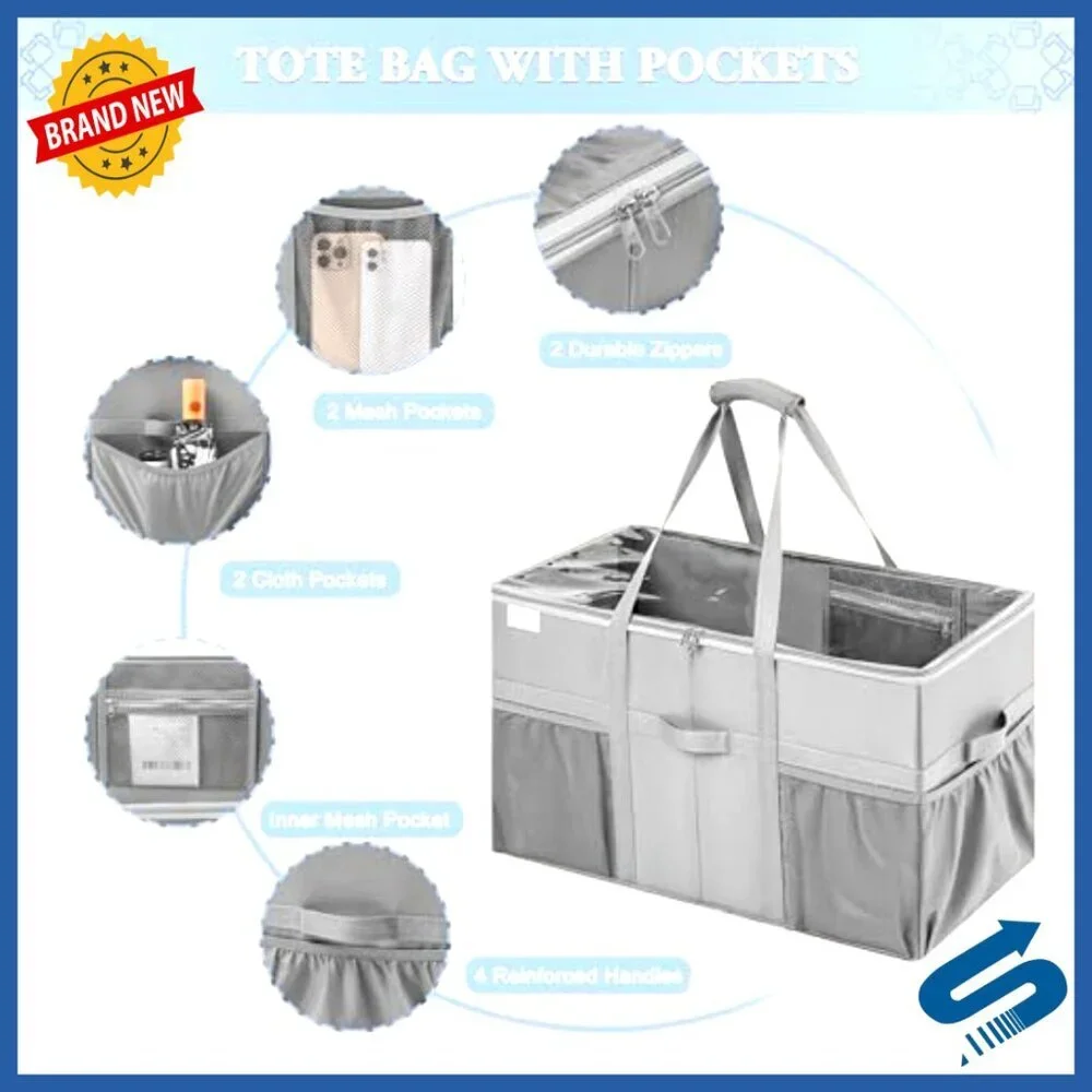 Heavy Duty Utility Tote Bag with Pockets Foldable Reusable Grocery Shopping